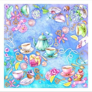 Luxurious Silk Charmeuse Designer Scarf Victorian Tea Party Shells Keys Flowers